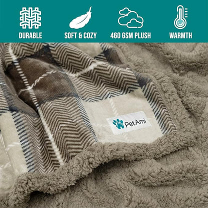 PetAmi Dog Blanket for Medium Large Dogs, Pet Bed Blanket Cat Puppy Kitten, Fleece Furniture Couch Cover Protector Sofa Car, Soft Sherpa Dog Throw Plush Reversible Washable, 40x60 Plaid Taupe