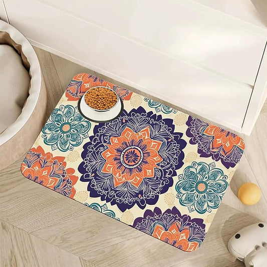 Mandala Flower Dog Cat Food Mat,Vintage Boho Floral Absorbent Pet Feeding Mat with Rubber Backing,Non-Slip Water Bowl Placemat,Indoor Pet Accessories Supplies 16"x24"