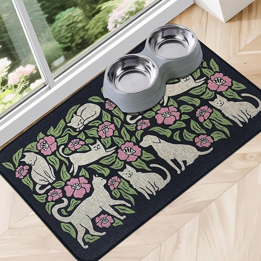 SHIYUE Dog Food Mats for Floors, Absorbent Cat Bowl for Food and Water, Non-Slip Accessories Pet Supplies(16"x24",Black Animal Flower)