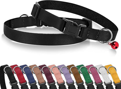Breakaway Cat Collar with Bell - Leather Adjustable Kitten Collars with Safety Quick Release Buckle - Soft Small Pet Collars for Girl & Boy Cats