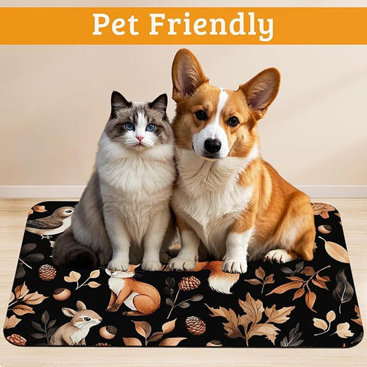 Cute Squirrel Dog Cat Food Mat,Bird Fox Absorbent Waterproof Placemat for Food and Water Non Slip Rubber Backing Durable Feeding Pad for Clean Floors 12" x 20"