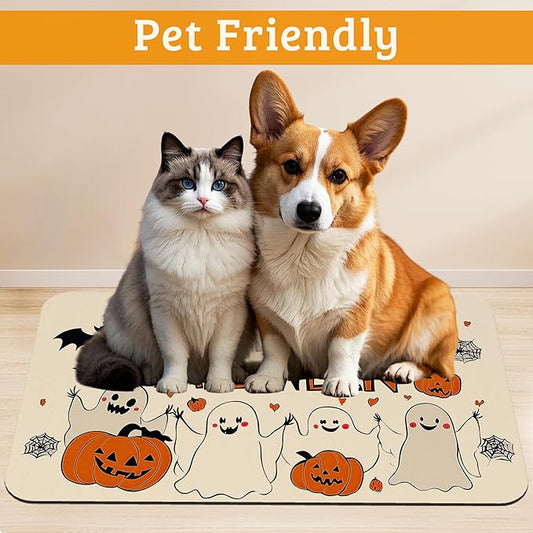 Pumpking Bat Dog Cat Food Mat,Halloween Absorbent Waterproof Placemat for Food and Water Non Slip Rubber Backing Durable Feeding Pad for Clean Floors 12" x 20"