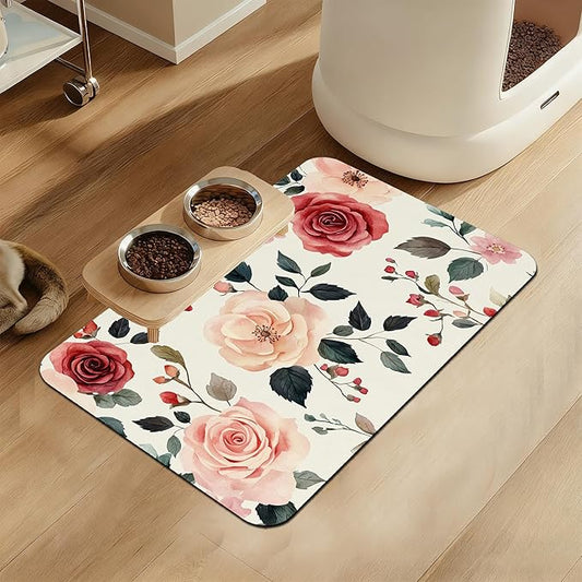 Pink Flower Leaf Pet Feeding Mat–Christmas Stocking Quick Dry Absorbent Dog Cat Food Mat, Non Slip Waterproof Bowl Placemat for Messy Eaters, Pet Accessories for Floors 12"x20"