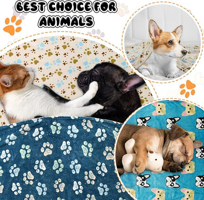 Rezutan Dog Blanket for Medium Dogs, 1 Pack 3 Premium Soft Cat Puppy Blankets, 30x20 inch, Flannel Cute Paw Print for Small Kitten Kennel Crate Bed, Blue/Beige/Navy Blue