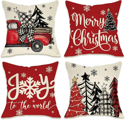 Fahrendom Merry Christmas Decorative Throw Pillow Covers 18 x 18 Set of 4, Xmas Tree Truck Joy to The World Porch Patio Outdoor Pillowcase, Winter Holiday Snowflake Sofa Couch Cushion Case Home Decor