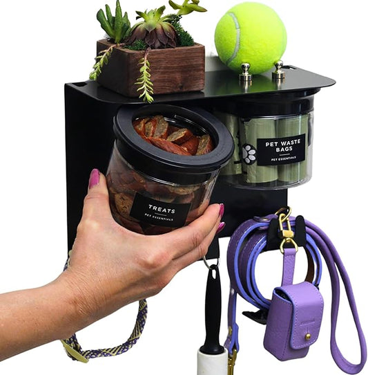 Dog Treat Holder for Wall Storage for Pets, Premium Pet Wall Organizer, Includes Two 16oz Airtight Dog Treat Jars, 3 Sets of Triple Hooks, Sturdy Shelf in Modern Black