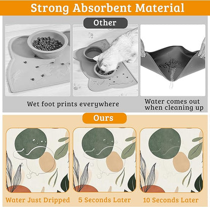 Boho Dog Cat Food Mat,Abstract Leaves Absorbent Waterproof Placemat for Food and Water Non Slip Rubber Backing Durable Feeding Pad for Clean Floors 12" x 20"