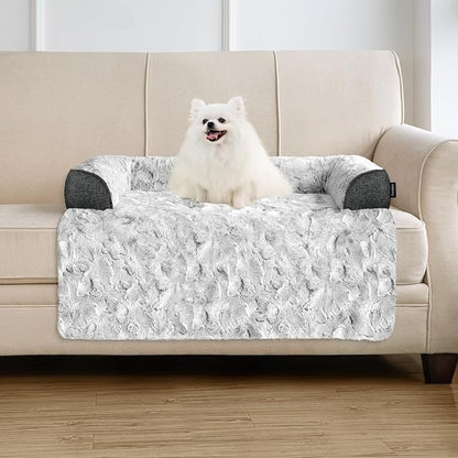 Calming Small Dog Bed for Couch, 35 x 31 inch Removable Couch Cover for Dogs Washable, Non-Slip Fluffy Plush Dog Sofa Mat for Furniture Protector - Grey