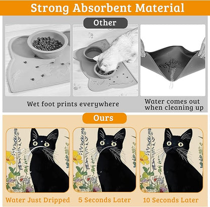 Dog Bowl Mat,Cat Black Pet Feeding Mat for Floors Waterproof,Color Flowers Absorbent Dogs Placemat for Food and Water Quick Dry Pet Cat Feeding Mats with Non Slip Bottom 12" x 20"