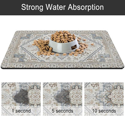Dog Food Mats for Floors, Absorbent and Quick-Drying Pet Cat Food Mat,Anti-Fouling and Easy-to-Clean Pet Feeding Mat,Dog Bowl Mat for Messy Drinking Water Bowls.16 x24, Bohemia Style