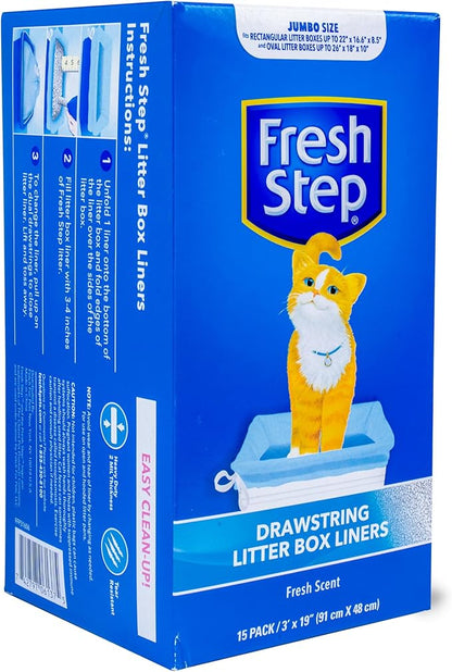 Fresh Step Jumbo Drawstring Cat Litter Box Liners, Scented Heavy Duty Kitty Litter Bags for X-Large Oval or Rectangle Pans, Helps Contain Mess for Easy Lift Out Cleanup, 36 x 19 in, 15 Count - 12 Pack