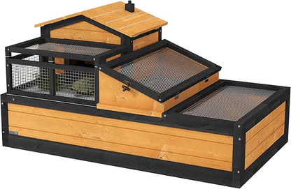PawHut 3- Room Tortoise House Habitat with Balcony & 2 Stories, Indoor/Outdoor Wooden Tortoise Enclosure with Ladder, Tray, Openable Roof, Large Reptile Cage, 44" x 25.5" x 23", Yellow