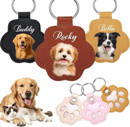Personalized Dog Hair Keychain with Photo Name, Custom Pet Fur Keepsake, Pet Memorial Gifts for Dogs,Pets Paw Shaped Leather Keychain, Cat Memorial Gifts for Loss of Cat, Christmas Gift for Dog Lover