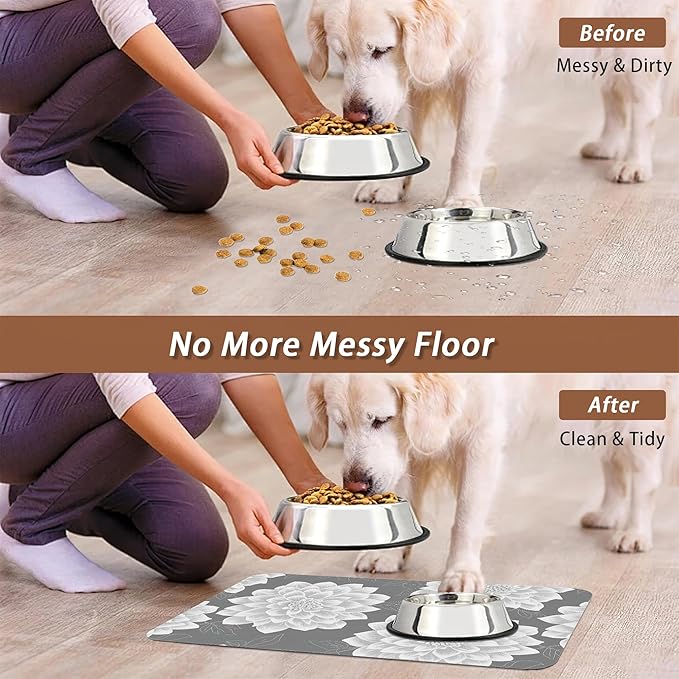 Dahlia Dog Cat Food Mat,Gray White Flowers Absorbent Pet Feeding Mat with Rubber Backing,Non-Slip Water Bowl Placemat,Indoor Pet Accessories Supplies 12"x20"