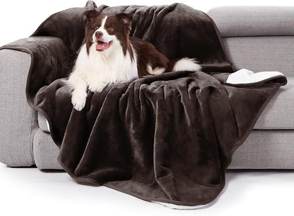gogobunny Waterproof Bed Blanket, Reversible Sherpa Fleece Throw Blanket for Dog Puppy Cat, Furniture Cover Protects Bed Couch Sofa from Liquid Pee and Pet Fur (Dark Brown, 90x90 inches)