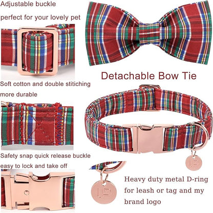 Christmas Plaid Dog Collar with Bow, Red and Blue Check Adjustable Pet Collar with Quick Release, Christmas Stripes Bowtie Collar for Small Medium Large Dogs XL
