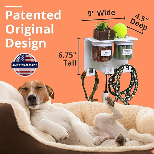 Dog Treat Holder For Wall Storage For Pets, Premium Pet Wall Organizer, Includes Two 16oz Airtight Dog Treat Jars, 3 Sets of Triple Hooks, Sturdy Shelf in Designer White