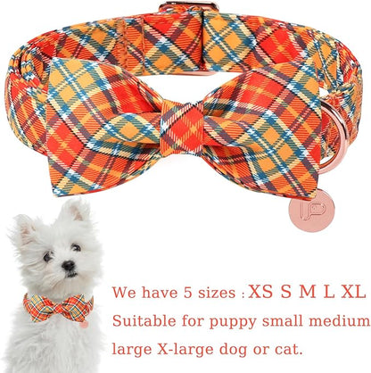 Autumn Plaid Dog Collar and Bow Tie Set – Orange Yellow Checkered Adjustable Fall Collar with Maple Leaf Charm for Small Medium Large Dogs, Soft Cotton Pet Collars with Buckle and D-Ring