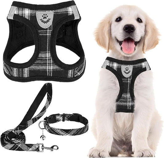 PUPTECK Adjustable Dog Harness Collar and Leash Set Step in No Pull Pet Harness for Small Medium Dogs Puppy and Cats Outdoor Walking Running, Soft Mesh Padded Reflective Vest Harnesses, Black XL
