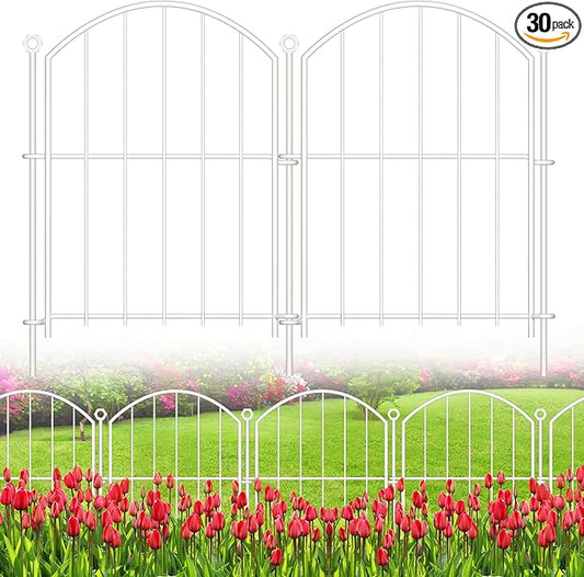 Decorative Garden Fence 17in x30ft, 30 Pack Rustproof Metal No Dig Fence Animal Barrier for Dog, Arched Flower Bed Edging Ornamental Wire Border Panel Fencing (White, 30 Panels-17in(H) x30ft(L))