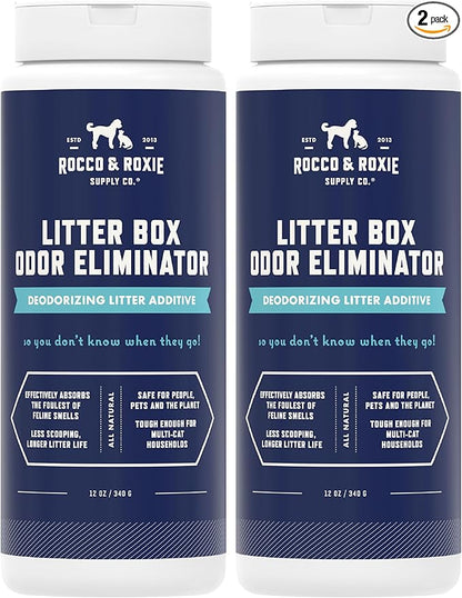 Rocco & Roxie Litter Box Odor Eliminator, Best Natural Urine Deodorizer for Cat Litter Boxes Cats Smell Control, Odor Absorber, Safe for Kitty, 12 oz pack of 2