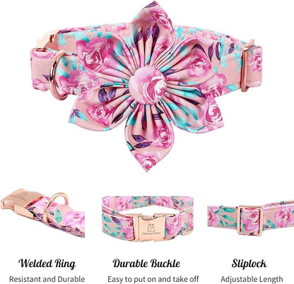 Lionheart Glory Dog Collar, Pink Dog Collar with Flower, Cute Floral Pattern Pet Collar Adjustable Dog Collar for Large Dogs
