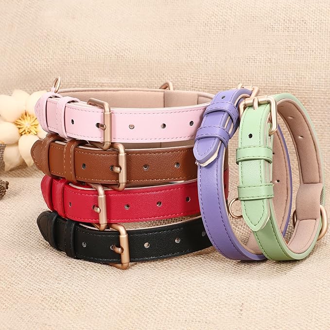 WHIPPY Leather Dog Collar for Small Medium Large Dog Adjustable Soft Breathable Leather Padded Puppy Collar with Alloy Buckle Heavy Duty Waterproof Classic Dog Pet Collar,Pink,L