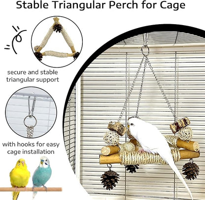 Bird Swing for Cage with Chew Toys, 3 Sisal-Wrapped Parrot Perches & Stable Triangle Design, Wooden Hanging Parakeet Toys Swing for Cockatiel Lovebirds Conures Quaker Balance Training (S)