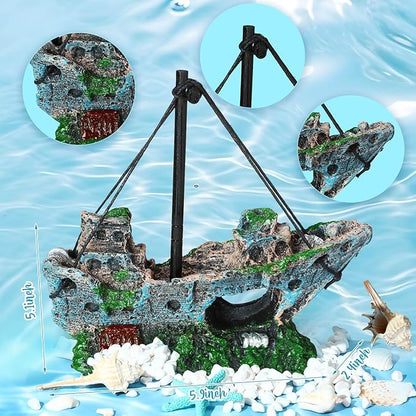 Wenqik Aquarium Decorations Large, Resin Sunken Shipwreck, Undersea Treasure Chest, Ancient Castle Ruins Tunnel House, Simulated Artificial Water Plants, Fish Shrimp Cave Hide for Fish Tank, Safe