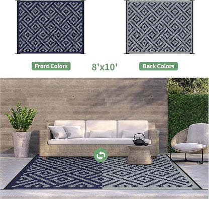 GENIMO Outdoor Rug for Patio Clearance, 8'x10' Waterproof Camping Mat, Reversible Plastic Straw Rugs for RV, Camper, Balcony, Backyard, Picnic, Deck (Blue & Grey)