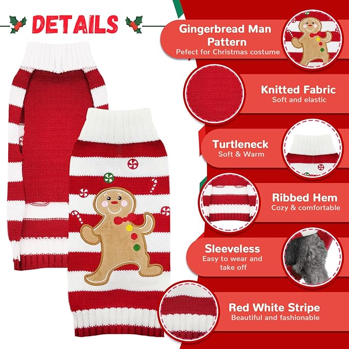Dog Christmas Sweater Xmas Pet Clothes Cute Striped Gingerbread Man Costume Holiday Puppy Cat Jumpers Outfits New Year Gifts for Small Medium Large Dogs(Red Gingerbread Man,XL)