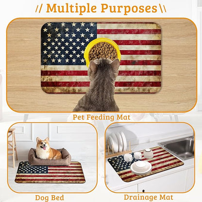 Retro Flag Dog Cat Food Mat,Absorbent Waterproof Placemat for Food and Water Non Slip Rubber Backing Durable Feeding Pad for Clean Floors 16" x 24"