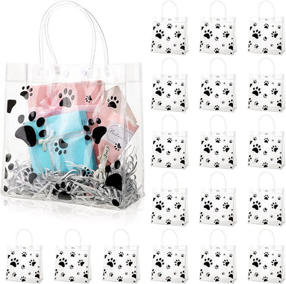 Teling 20 Packs Dog Paw Clear PVC Gift Bags with Handle Reusable Plastic Wrap Tote Bags Transparent for Puppy Pet Treat Party Favor Birthday Wedding Party, 8 x 8 x 3.15 Inch(Black)