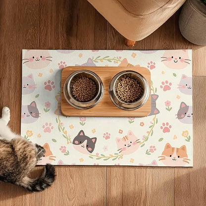 Cat Feeding Mat 24x16 inch Floral Ring Kitten Print Pet Bowl Placemat Non Slip Floor Mat for Food and Water Indoor Kitty Feeding Station Cute Meal Pad for Small Pets Kitchen Use