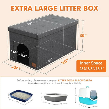 Cat Litter Box Enclosure Furniture for Odor Control, Hidden Cabinet Cats Litter Ottoman with Flip-Up Lid,Cat Litter Box Bench with Storage Space, Dog Proof(Grey, Large)