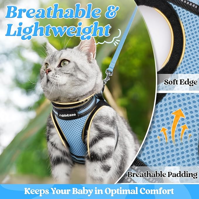 rabbitgoo Cat Harness and Leash Set for Walking Escape Proof, Adjustable Soft Kittens Vest with Reflective Strip for Cats, Comfortable Outdoor Vest, Light Blue, S
