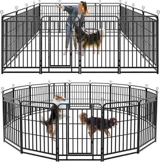 Heavy Duty Dog Playpen: 16 Steel Panels 40" Height, Square Steel Pipe with Reinforced Crossbars, 36FT 103 Sq.ft Portable Fence for Yard RV Camping, Snowy Black