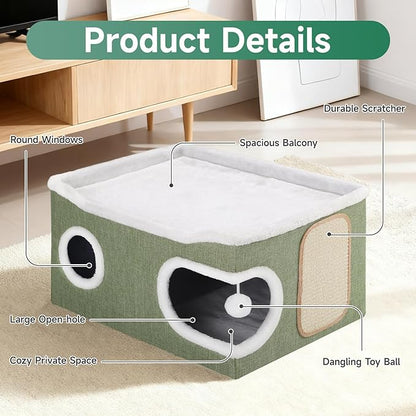 Cat Beds for Indoor Cats, Extra Wide Cat Cube House for Multi Cats, Foldable Cat Cave Hideaway with Arc-Edge Design & Oval Door, Double-Side Soft Cushion for All Seasons, 24"L x 17.7"D x 12.6"H, Green