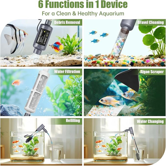 Cordless Aquarium Gravel Cleaner Vacuum: 6-in-1 Electric Fish Tank Cleaner, Rechargeable & Strong Suction Automatic Water Changer, Touch Control, Fits 5–150 Gallon Tanks