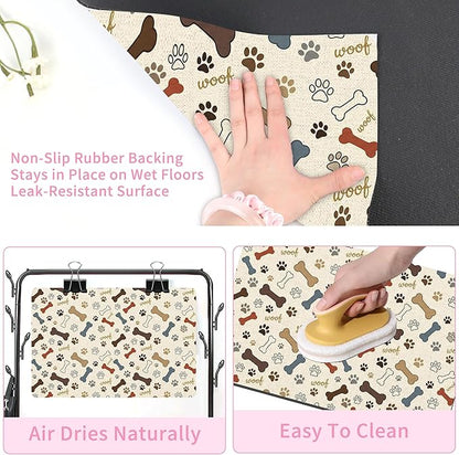Dog Feeding Mat 24 x 16 Inch, Neutral Paw Bone Woof Dog Placemat Absorbent Quick-Dry for Food and Water, Waterproof Non Slip Rubber Pet Bowl Pad Mat for Floors