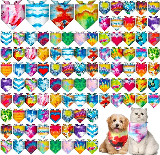 Amylove 120 Pcs St. Patrick's Day Dog Bandanas Bulk Holiday Triangle Dog Pack Puppy Kerchief Bandana Adjustable Spring Pet Scarf for Pet Cat Costume Accessories Decor(Tie Dye)