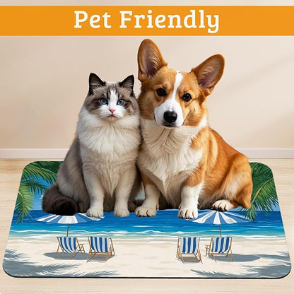 Pet Feeding Mat,Sea Beach Absorbent Dog Cat Food Mat Palm Tree Dog Mat with Rubber Backing,Non-Slip Water Bowl Placemat,Pet Supplies 12" x 20"