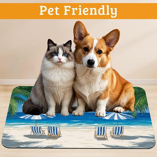 Pet Feeding Mat,Sea Beach Absorbent Dog Cat Food Mat Palm Tree Dog Mat with Rubber Backing,Non-Slip Water Bowl Placemat,Pet Supplies 12" x 20"