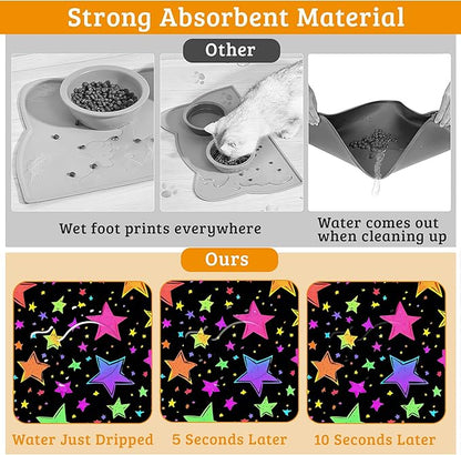 Neon Stars Dog Food Mat,Bright Colorful Absorbent Pet Feeding Mat for Food and Water Bowl,Quick Dry Dog Placemat Non Slip Rubber Backing Waterproof Pet Supplies 12" x 20"