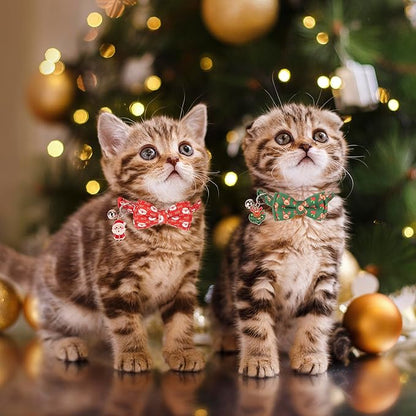 ADOGGYGO Christmas Cat Collar with Removable Bow Bell, 2 Pack Red Green Santa Reindeer Christmas Collars for Cat Kitten