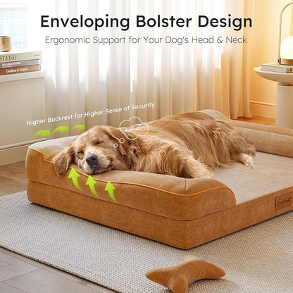 XXL Dog Bed for Extra Large Dogs, Giant Orthopedic Dog Bed with Cooling Gel Memory Foam, Waterproof Pet Bed with Removable Washable Cover, 53" Pet Sofa Bed Dutch Velvet with Bone Toy, Brown