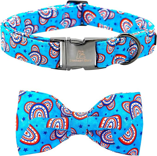 Lionheart glory American Flag Dog Collar, 4 of July Dog Bow Collar Heavy Duty Adjustable Patriotic Dog Collar with Bowtie for Small Dogs Pet Gift