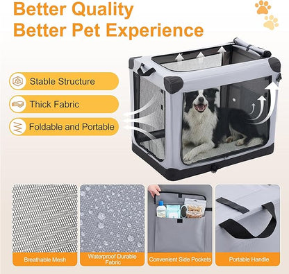 Dog Travel Crate 30 Inch, Portable Soft-Sided Travel Carriers for Dogs and Cats, Foldable Pet Kennel with 3-Doors Mesh Windows Indoor & Outdoor, Grey