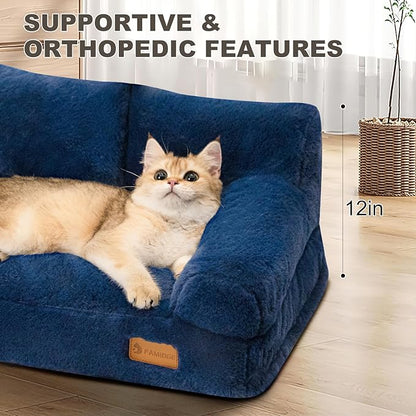 Plush Cat Couch Bed - Cat Bed for Indoor Cats, Dog Sofa Bed, Short Rabbit Fleece Calming Pet Couch with Removable Cover, Anti-Shedding Pet Sofa for Small/Medium Pets (26×18×12in, Navy Blue)