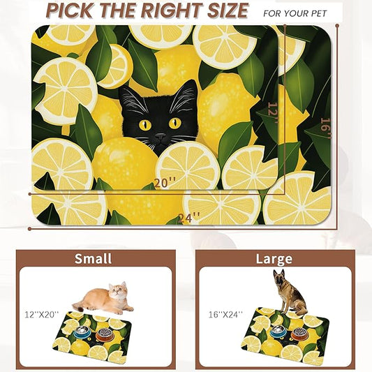 Black Cat Funny Dog Food Mat for Floors,Lemon Absorbent Pet Food and Water Bowl Mats,Non-Slip Pet Feeding Mat,Pet Supplies 16" x 24"